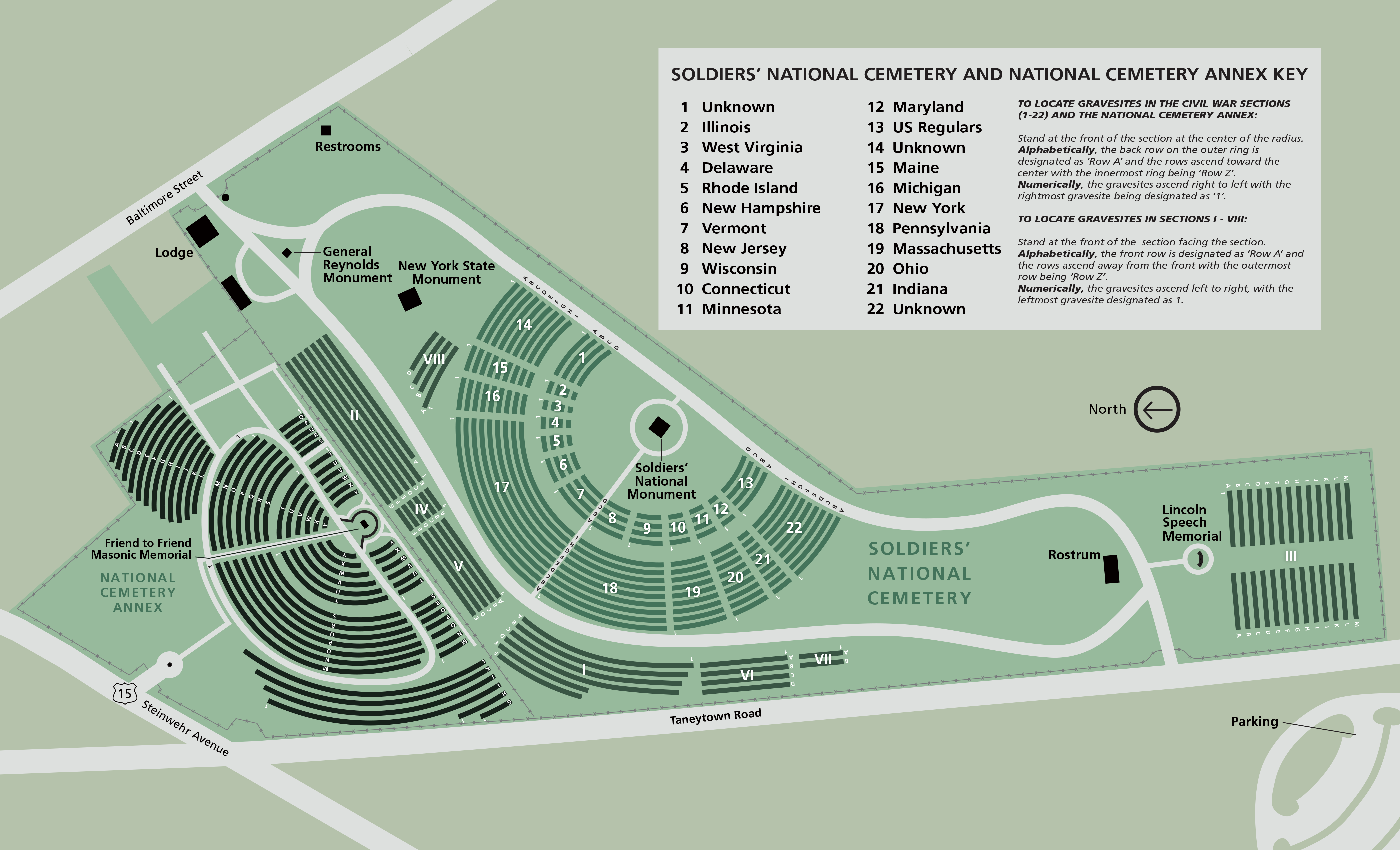 A green map of the Gettysburg National Cemetery with white lines for the walkways and black lines for the graves. There is a white box with black letters in the upper right corner that is the key.