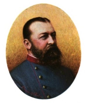 Colorized Sketch of a man in a gray coat with a red collar