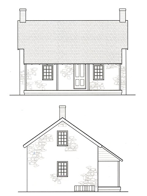 Schematic drawings illustrate how the east (above) and south (below) elevations of the Warfield farmhouse may have looked at the time of the battle.