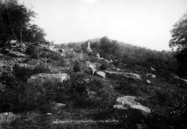 A black and white image of Little Round Top