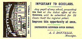Advertising card for the "Battle of Gettysburg" Cyclorama on Tremont Street in Boston.