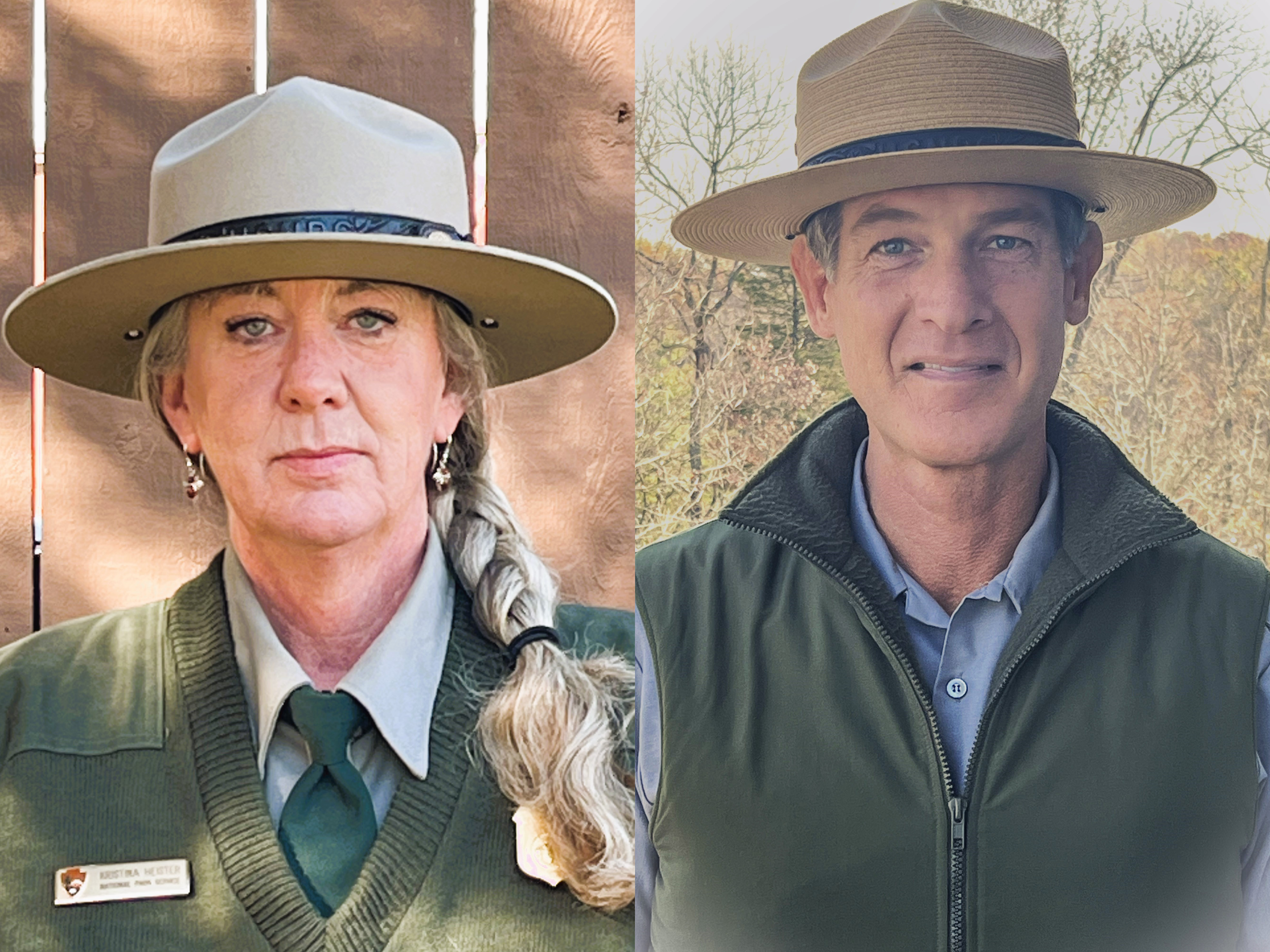 A photo of a female National Park Service employee is on the left and a male National Park Service employee is on the right. Both are wearing tan, flat rimmed trooper hats and green sweaters.