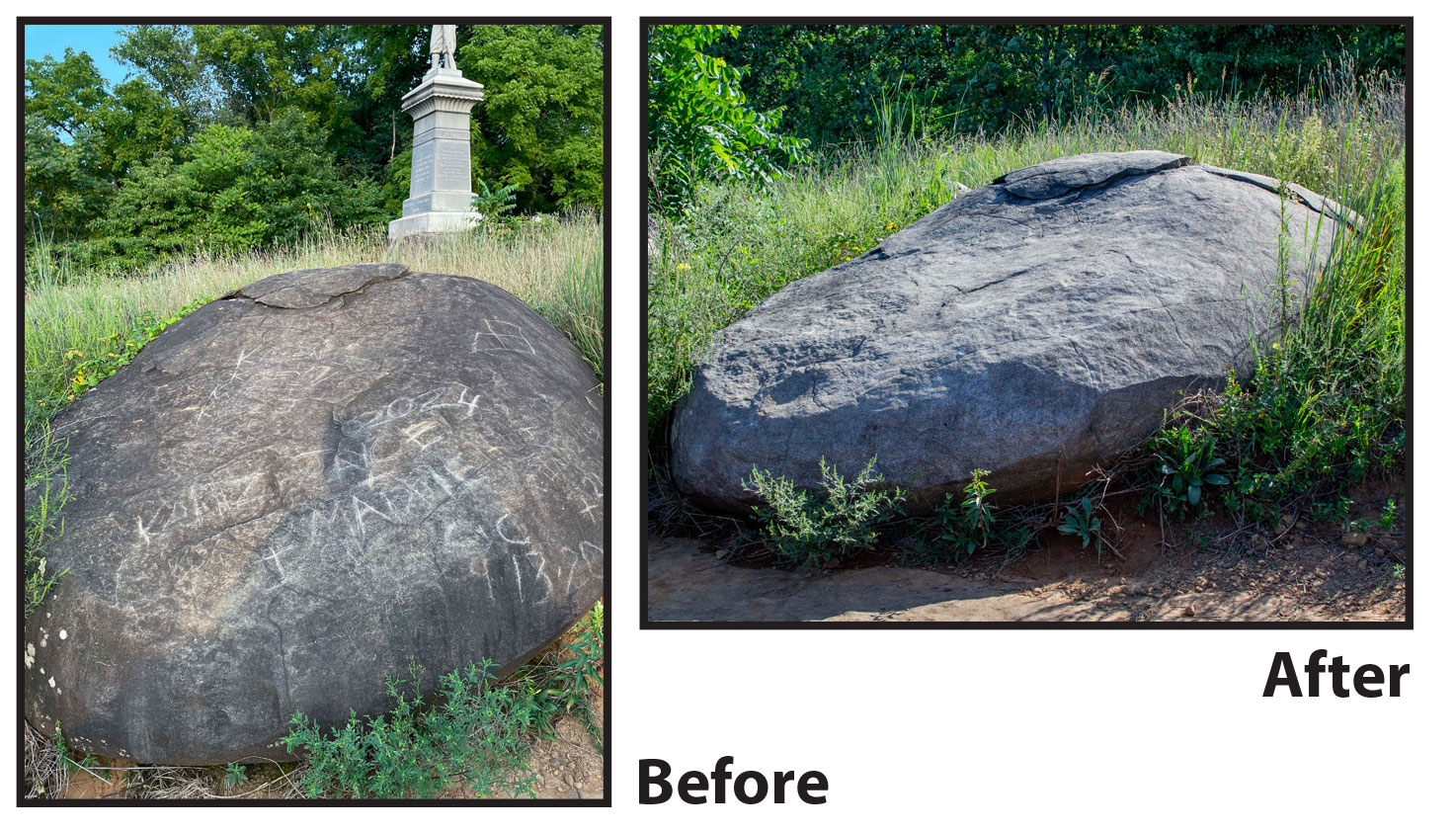 Two side by side pictures showing a large boulder among high grass. The left picture shows graffiti scratches all over the top of the boulder. The right pictures shows the graffiti removed.