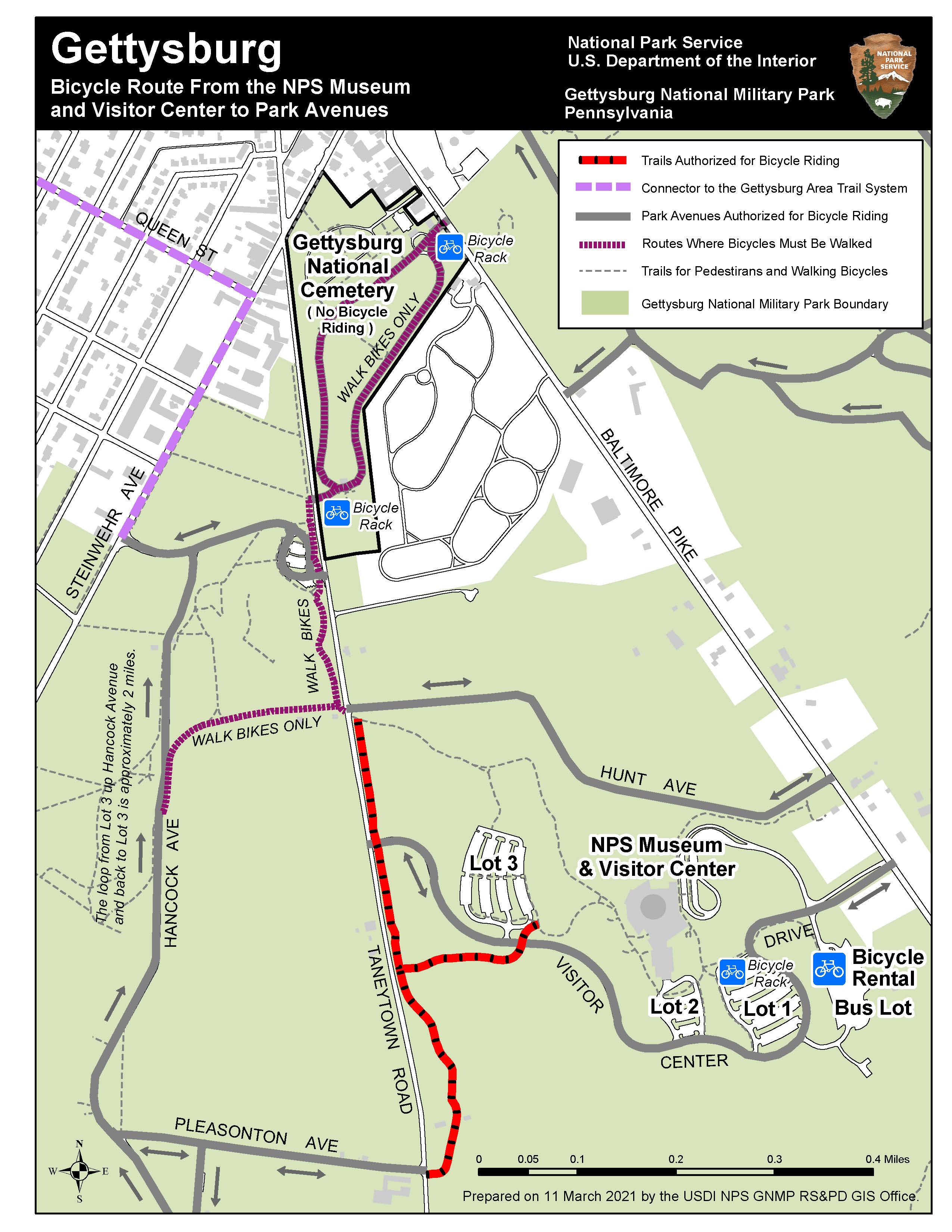 Map showing bicycle route from Visitor Center to Park Avenues