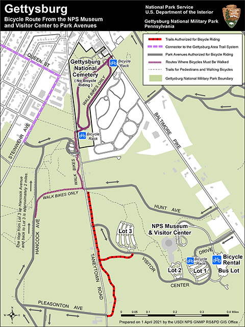 A bike route map of part of the Gettysburg National Military Park.