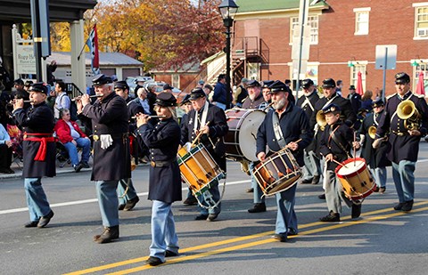 A Union living history band marches in the Dedication Day parade.