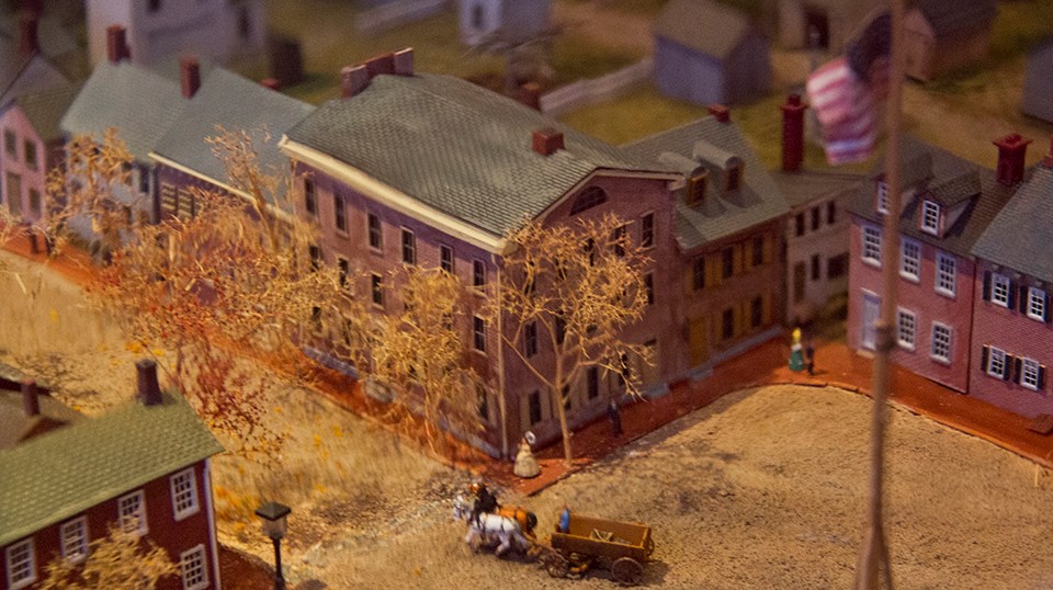 The Wills House from the diorama exhibit of downtown Gettysburg in the Wills House.