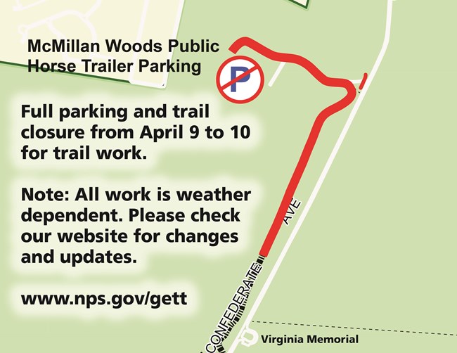 A green background with white lines designating roads, red lines designating closed roads and trails, and black text.