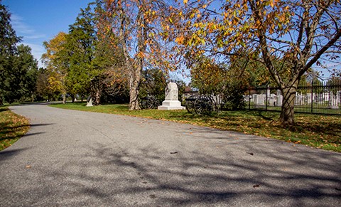 The upper walkway of the National Cemetery passes another artillery monument and cannons and the black iron fence the separates the Evergreen Cemetery from the National Cemetery.