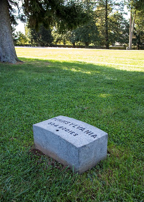 Each state section is noted by a state section marker. This marker is for Pennsylvania. This section of the cemetery contains 534 bodies.