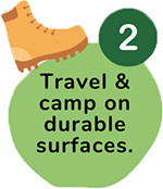 A number 2 in a small green circle, a larger green circle says "Travel and Camp on durable surfaces". A cartoon hiking boot sits ontop.