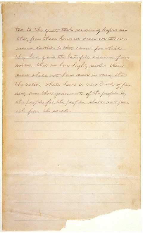 The second page of the Gettysburg Address was written at the home of David Wills on plain lined paper.