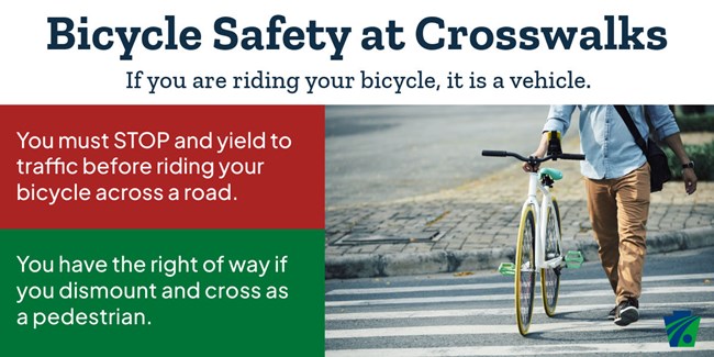 An infographic describing bicycle safety at crosswalks. There is text on a white background at the top. There is white text on a red box and a green box along the left. And there is a photo of a person walking their bike in a crosswalk.