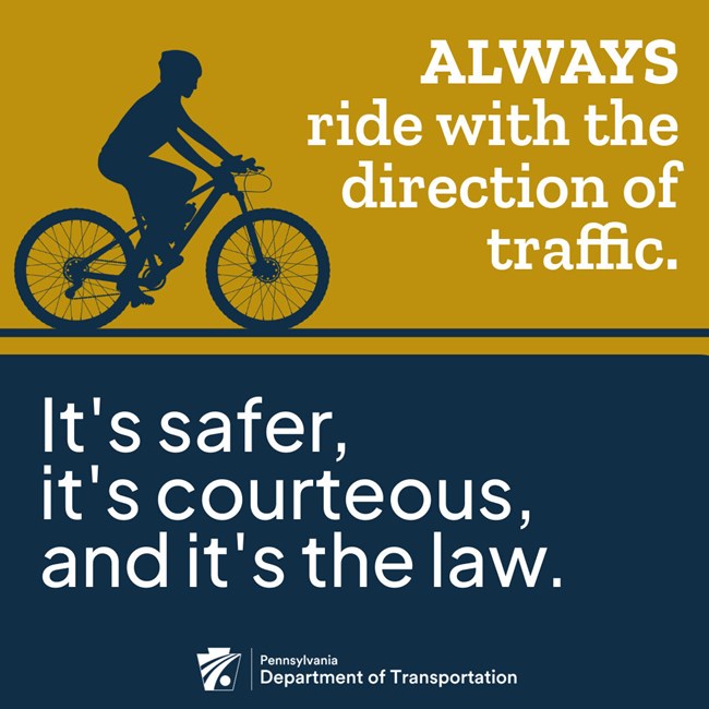 Infographic that shows a silhouette of bicyclist always riding with traffic.
