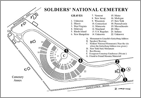 The Soldiers' National Cemetery map has five self guided stops.