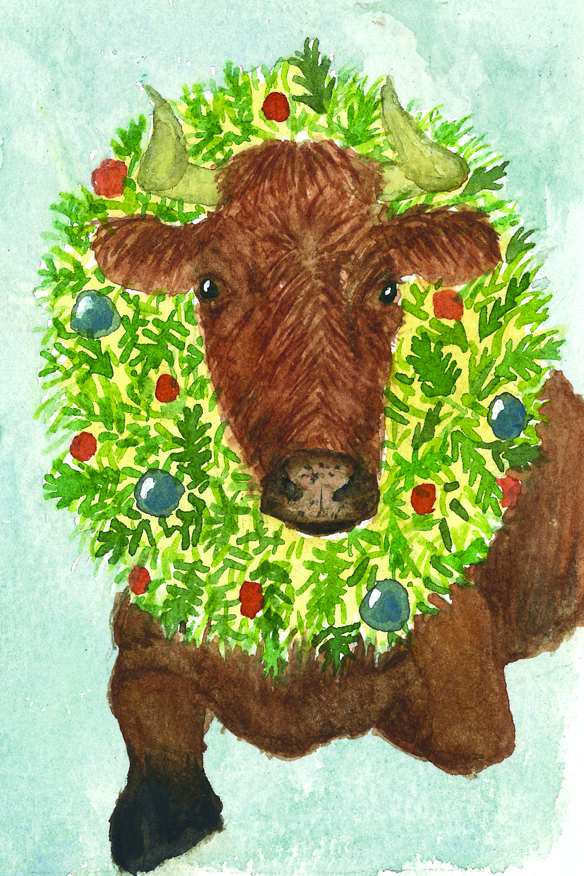 a watercolor painting of a cow with a boxwoord wreath around its neck.
