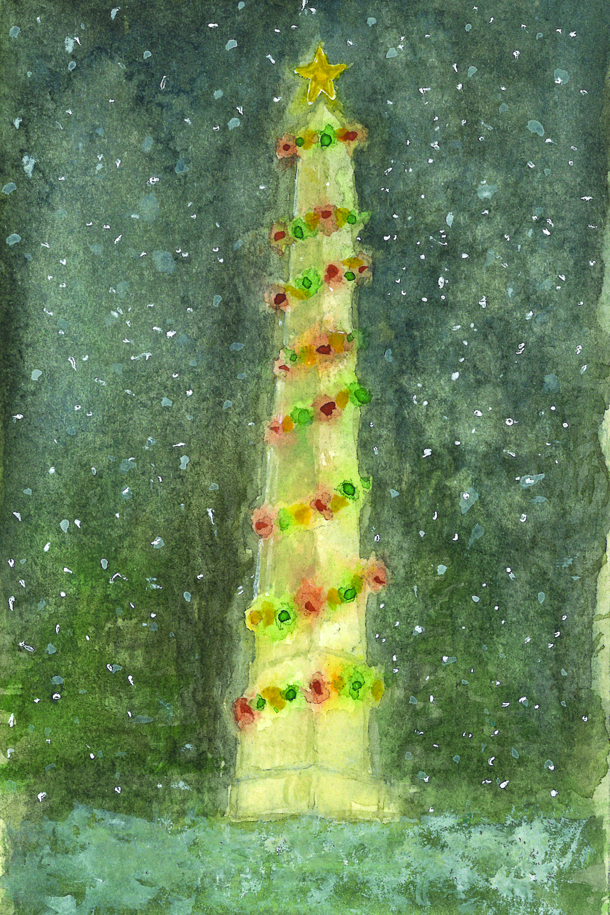 A watercolor painting of the George Washington Birthplace Monument with christmas lights
