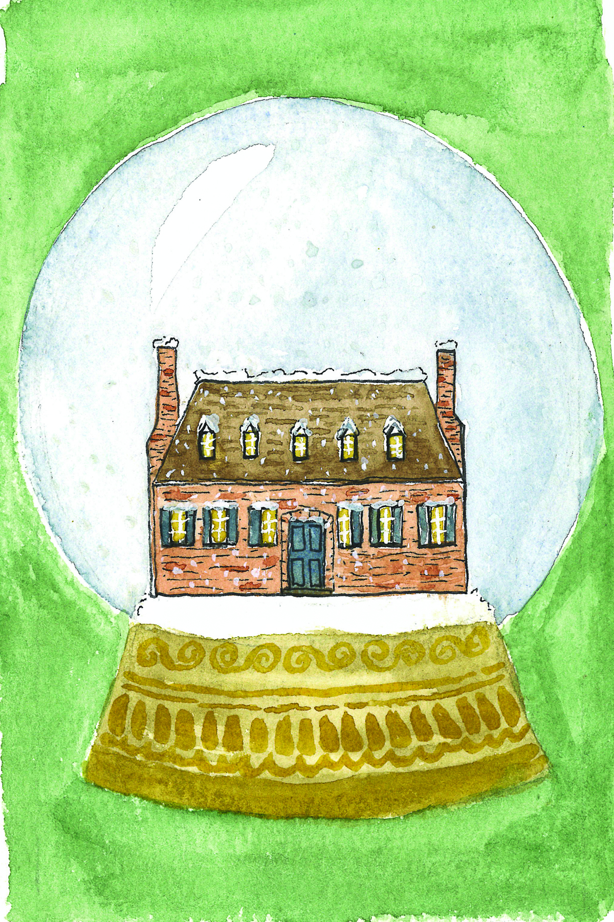 A watercolor painting of a red brick building inside a snowglobe