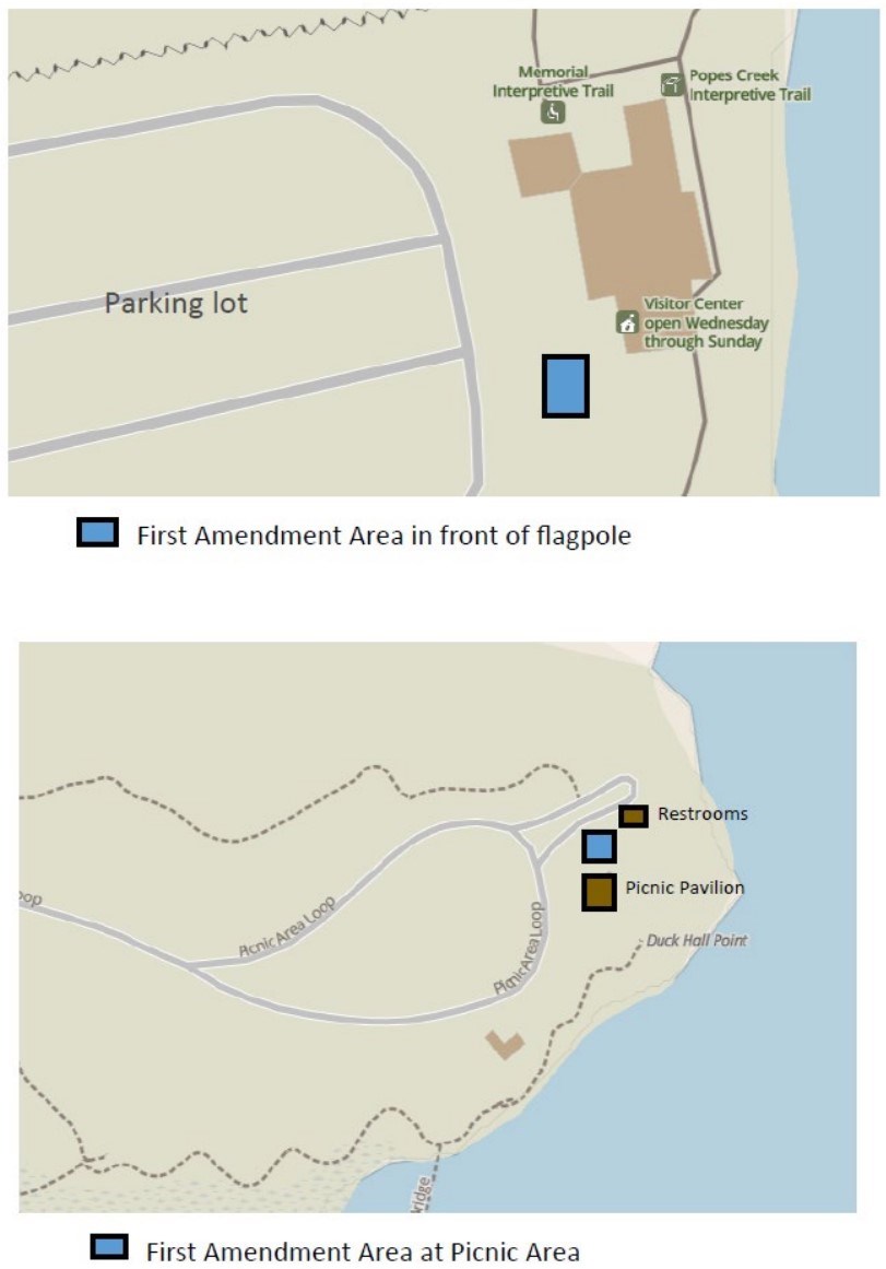 two maps showing where the First Amendment areas are located within the park.