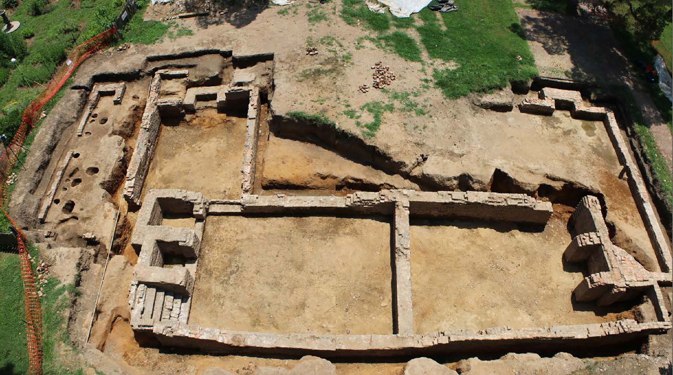 Aerial view of excavated brick foundation called Building X