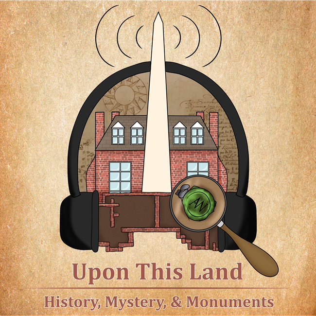 Graphic logo with headphones, monument, house, and a magnify glass