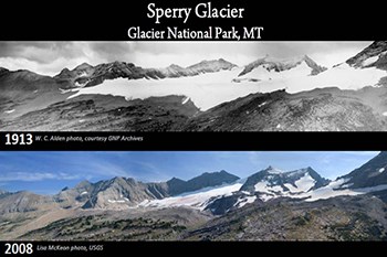 side by side comparison of historic photo of glacier and color photo of same glacier though obviously smaller