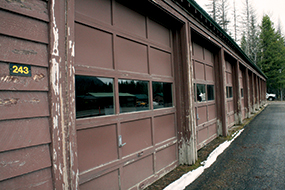 A line of brown garages