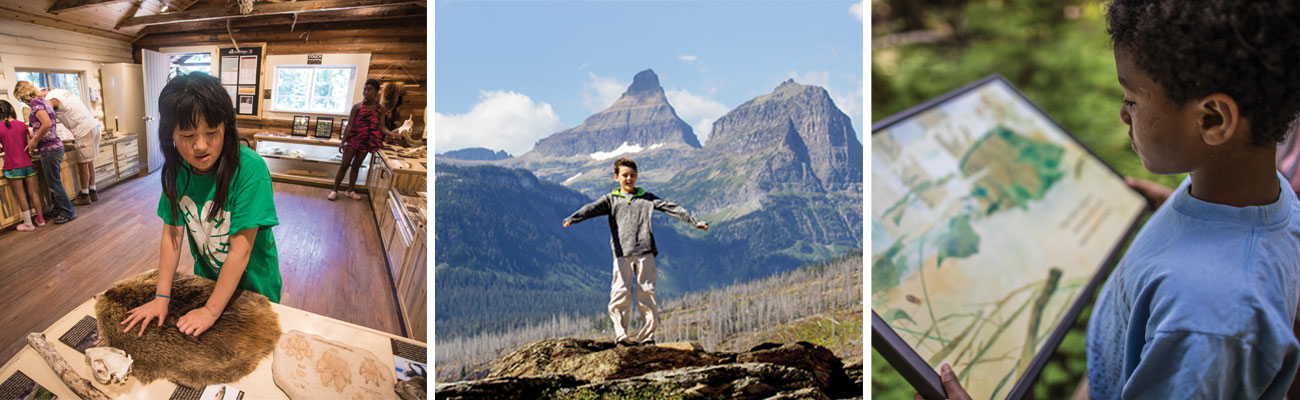 Three images in a photo collage. Left image shows a young girl looking at an animal pelt. Center image shows a young boy standing on a rock being blown by the wind. Right image shows a young boy looking at an interpretive sign.