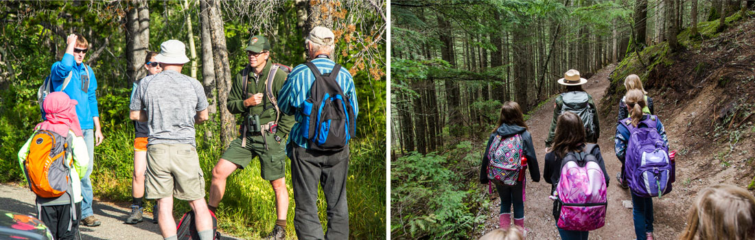 Left image shows a park ranger talking to a small group of people stopped on a trail. Right image shows a park ranger leading kids down a wooded trail.