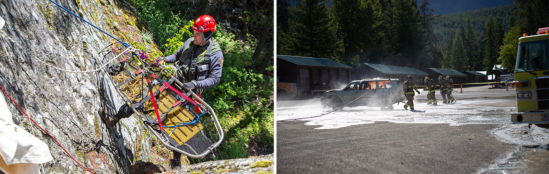 Photo on left shows a man in a National Park Service uniform and a helmet walking up a cliff with a metal carrier. Photo on right shows a group of firemen using hoses to put out a car fire.