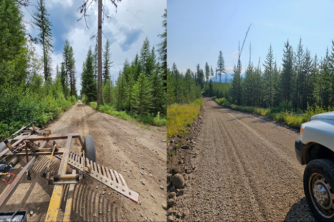 Combined photo of two images, the image on the left is the Kintla Lake Road prior to rehab work, the image on the right is the Kintla Lake Road after rehab work.