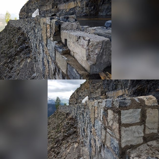 Combined image of before (above) and after (below) photos of rehabilitation work on the historic Going-to-the-Sun-Road rock wall.