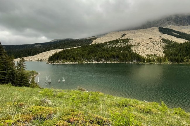 Dark blue water seen over a green hill sits below a slope with trees covered by white rock left behind from landslides.