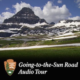 image of snowy mountain and meadow with Audio Tour graphic at bottom
