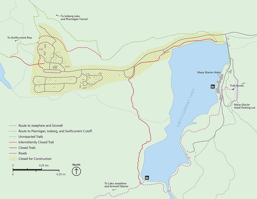 A map of the Many Glacier area highlights the closed area in yellow dashes. Trail closures are in red and trail detours are in green and purple. Many Glacier Hotel is seen in dark gray and its parking lot is seen in light gray.