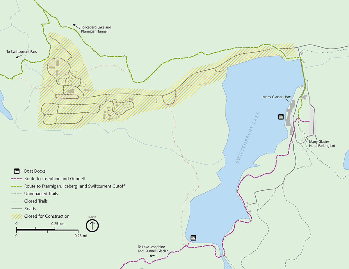 A map of the Many Glacier area highlights the closed area in yellow dashes. Trail closures are in red and trail detours are in green and purple. A legend is on the left side of the map.