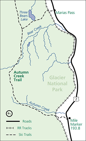 A map showing Highway 2 and the Railroad on the right, and ski trailes extending to the left. Landmarks include Mile Marker 193.8, Bear Creek, and Three Bears Lake.