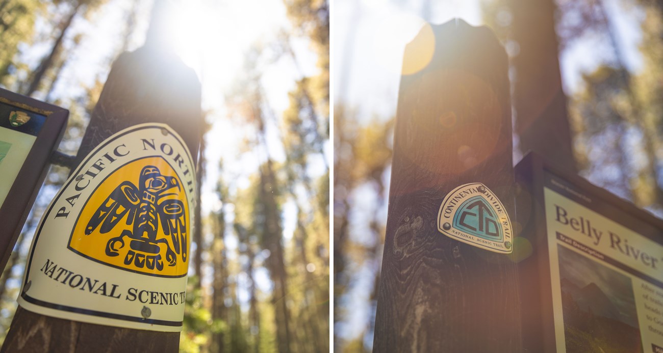 Left image shows a wooden trail post with Pacific Northwest Scenic Trail label on it. The right image shows a wooden trail post with Continental Divide National Scenic Trail label.