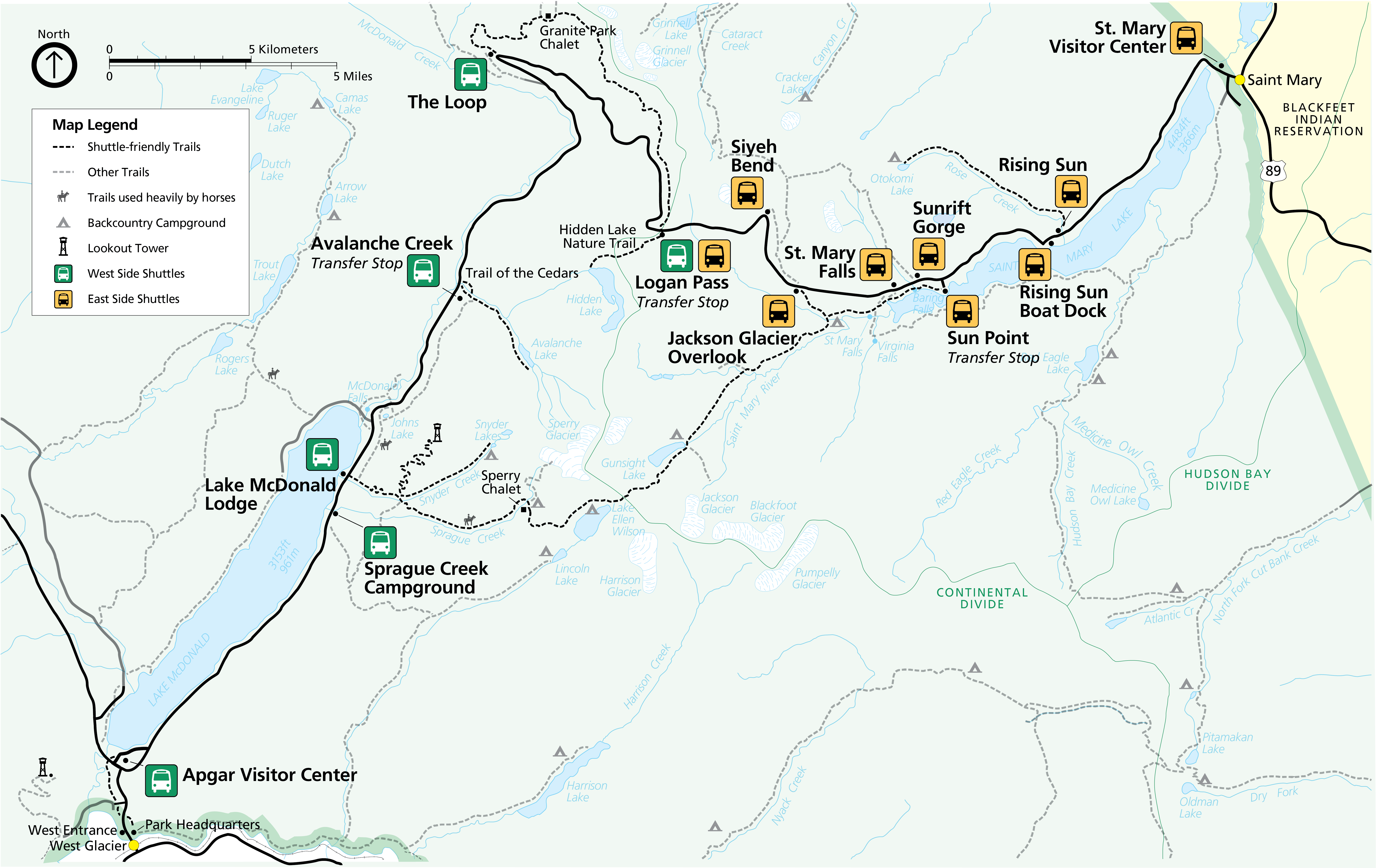 Map shows shuttle stops along the Going-to-the-Sun Road. Shuttle stops on the west side are shown in green. Shuttle stops for the east side are shown in yellow.