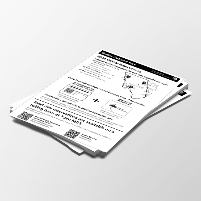 A thumbnail of a stack of papers that goes over vehicle reservations at Glacier National Park. There is a map of Glacier National Park and text on the paper.