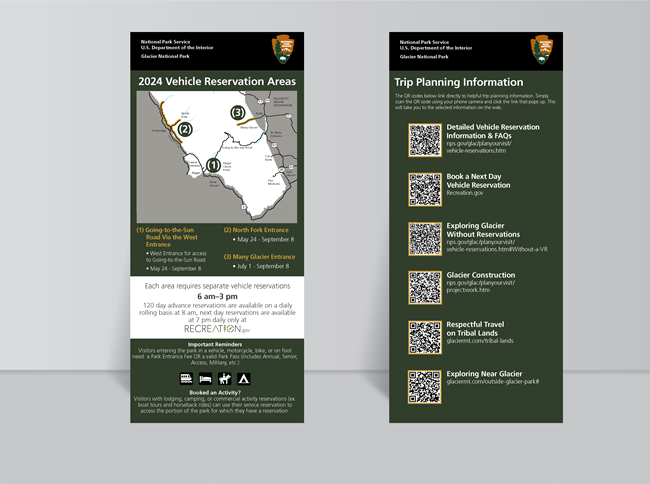 A picture showing a vehicle reservation rack card, presented as a display standing up.