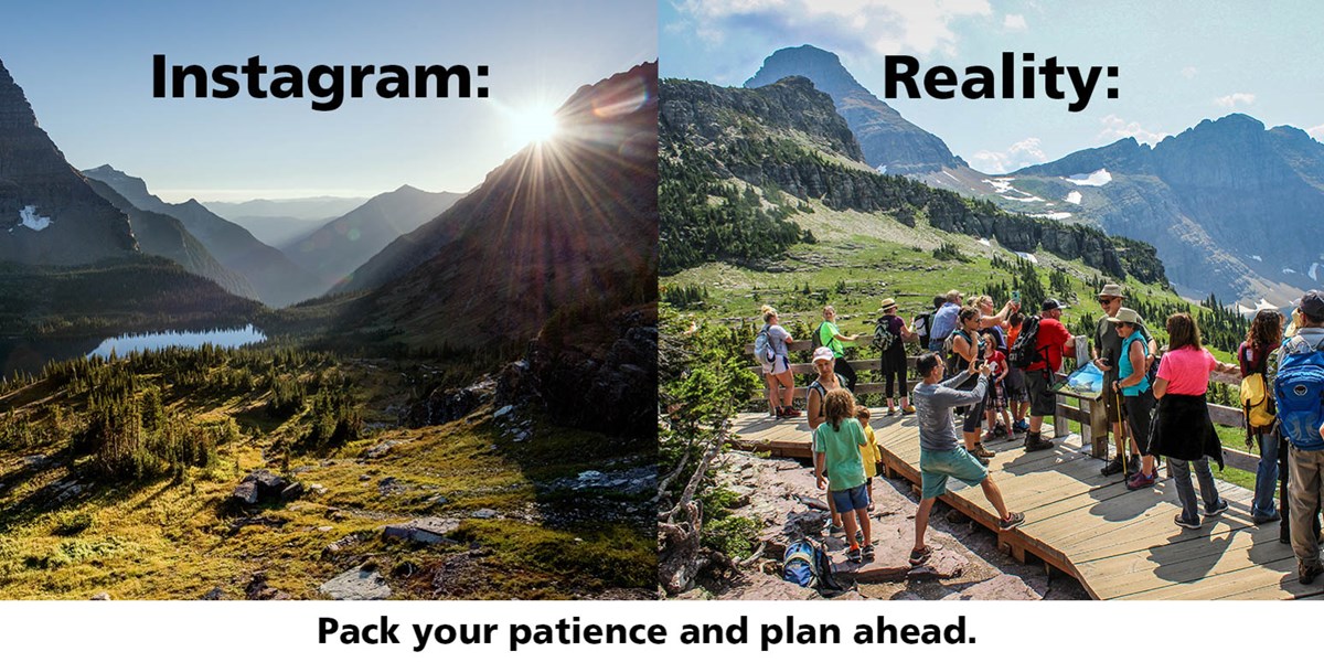 Hidden Lake Overlook in Glacier National Park. Two images show an instagram version of beauty and the other shows a reality version of crowds. Pack your patience and plan ahead.