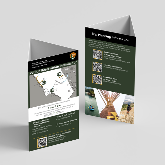 A picture of a 2024 vehicle reservation trifold presented folded and standing up.