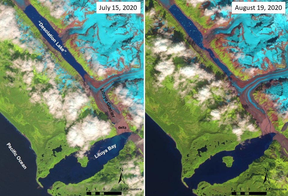 Graphic comparing Desolation Lake in July and August 2020