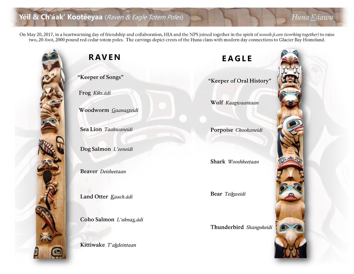 A graphic depicting the raven and eagle totem poles with Tlingit translations. Click image or see link below for accessible pdf