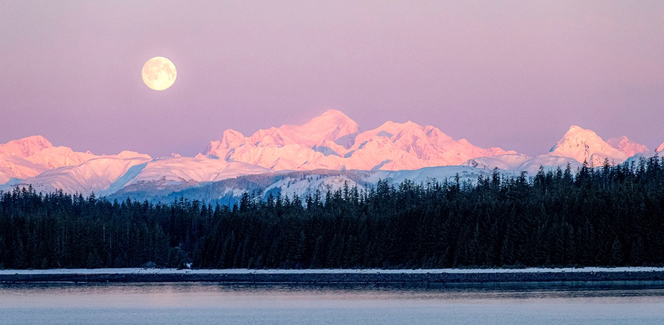 A bright full moon sits to the left above Mt Fairweather, snow colored pink by alpenglow. Bartlett Cove in foreground.
