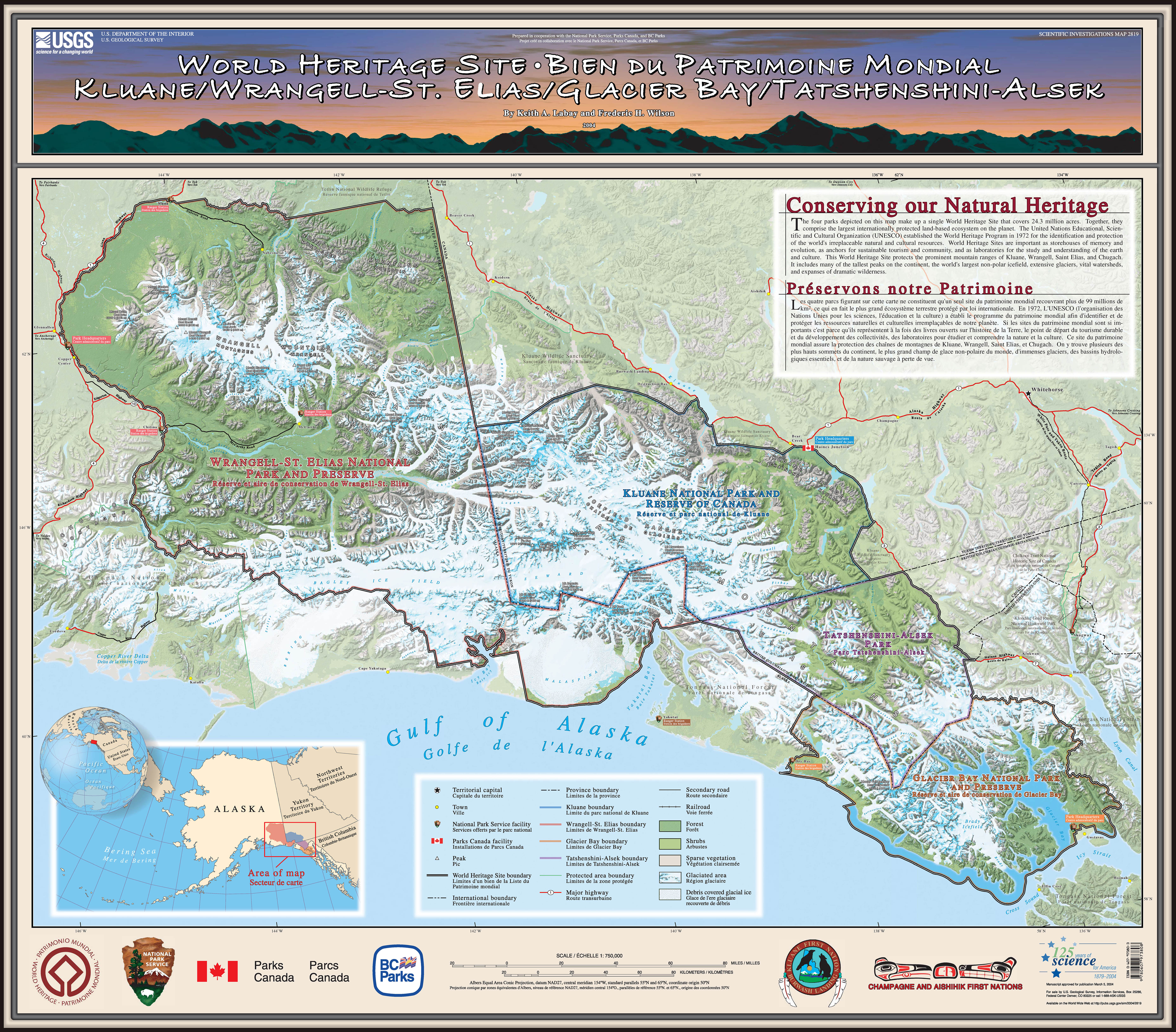 UNESCO world heritage map showing the combined protected areas of Wrangell St Elias National Park and Preserve, Kluane National Park and Reserve, Tatshenshini-Alsek Park, and Glacier Bay National Park and Preserve. Click the image for more info.