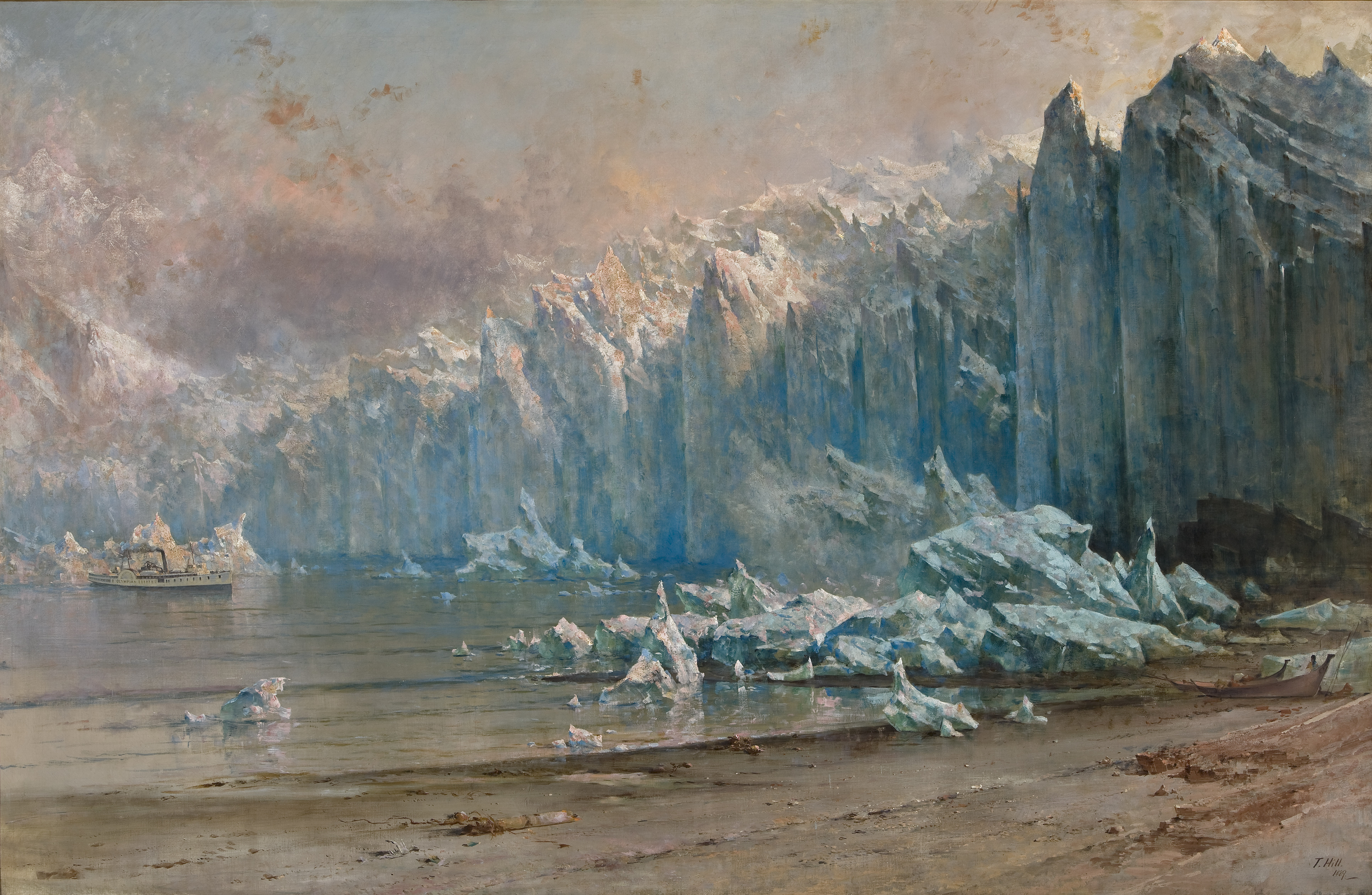 Thomas Hill artwork depicting Muir Glacier, a blue glacier meeting the ocean where a steamship sits. Several dugout canoes are landed on the shore.