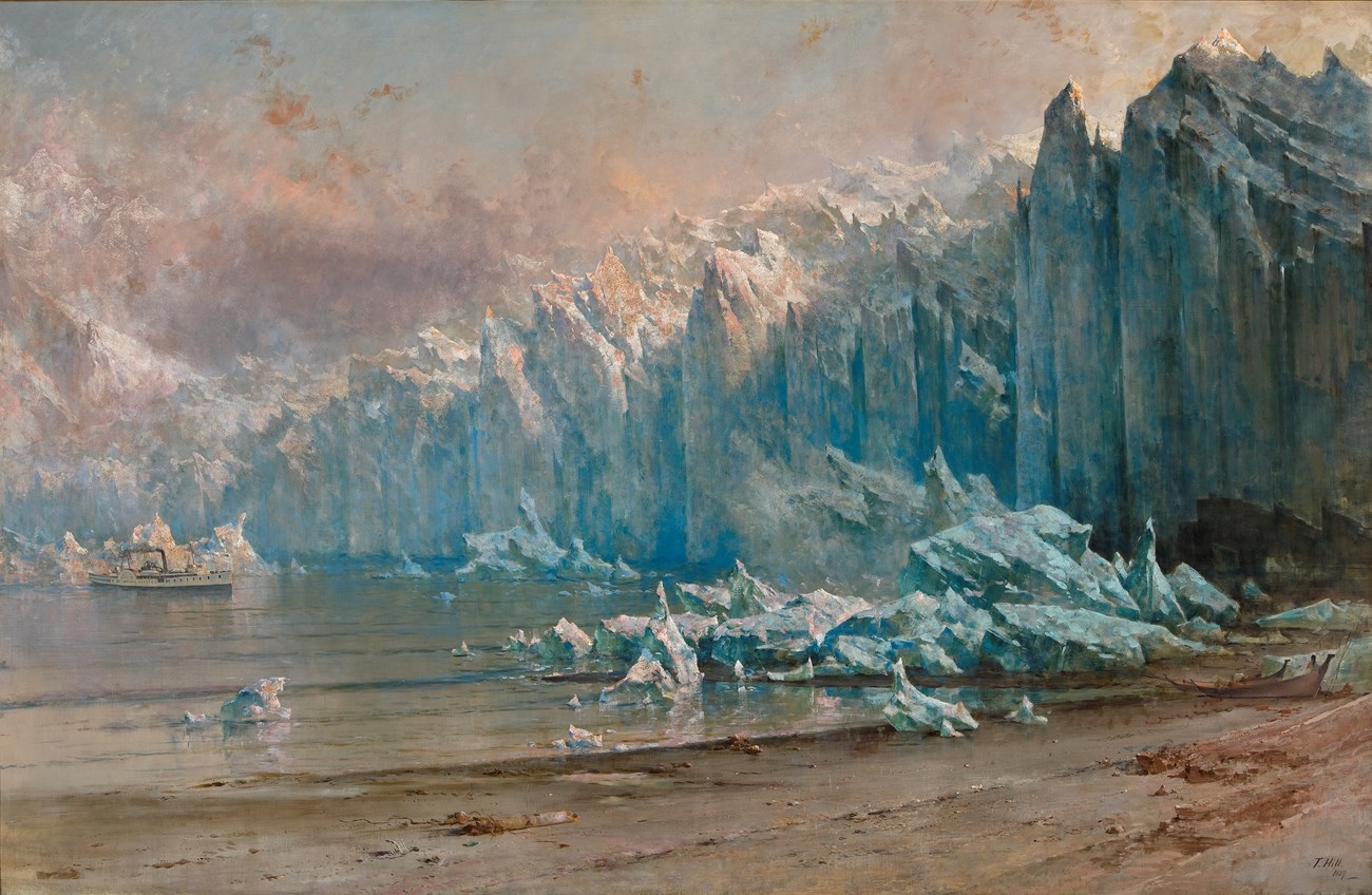 Thomas Hill artwork depicting Muir Glacier, a blue glacier meeting the ocean where a steamship sits. Several dugout canoes are landed on the shore.