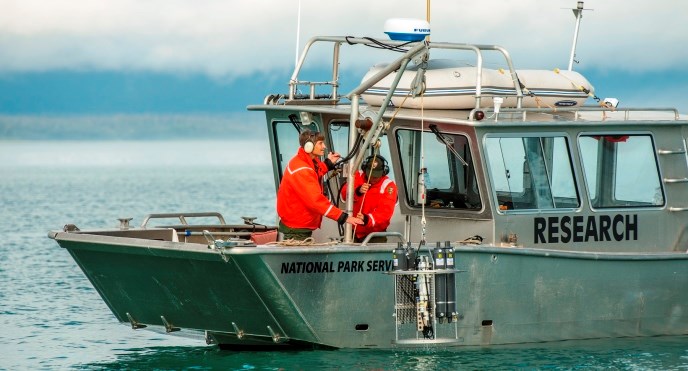 Researchers working on vessel in Glacier Bay